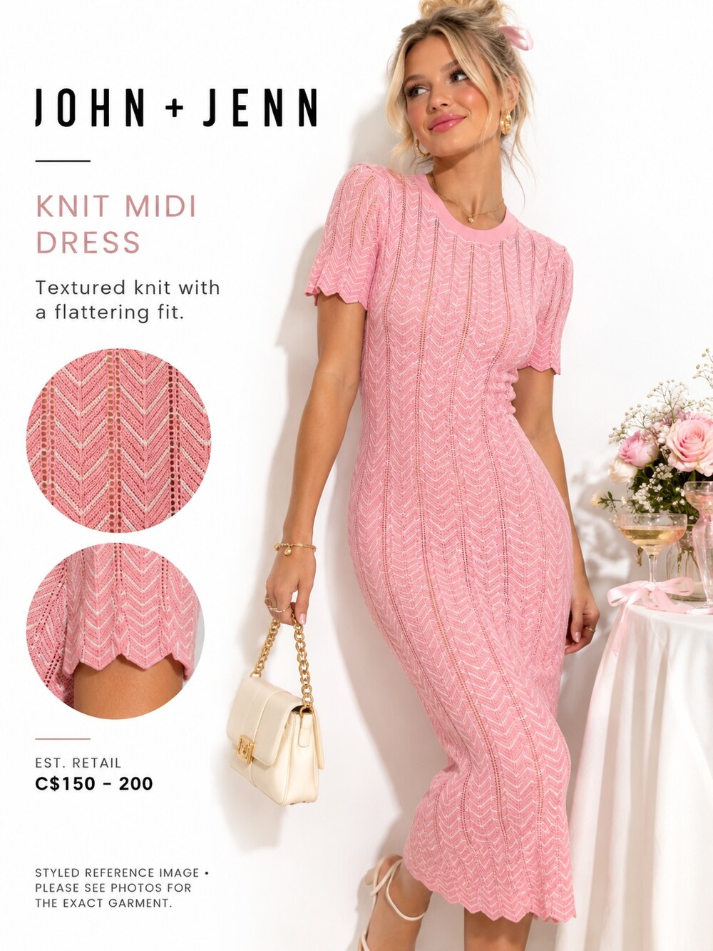 John + Jenn Chevron Knit Midi Dress in Pink & White Size Small NWT